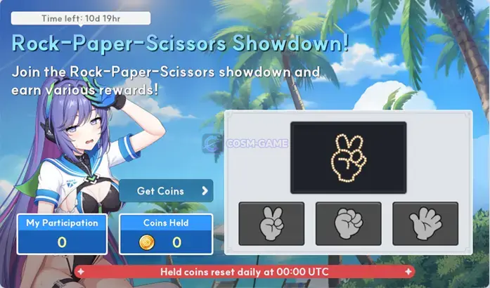 The OUTERPLANE event interface presents its rock-paper-scissors activity and reward progression.