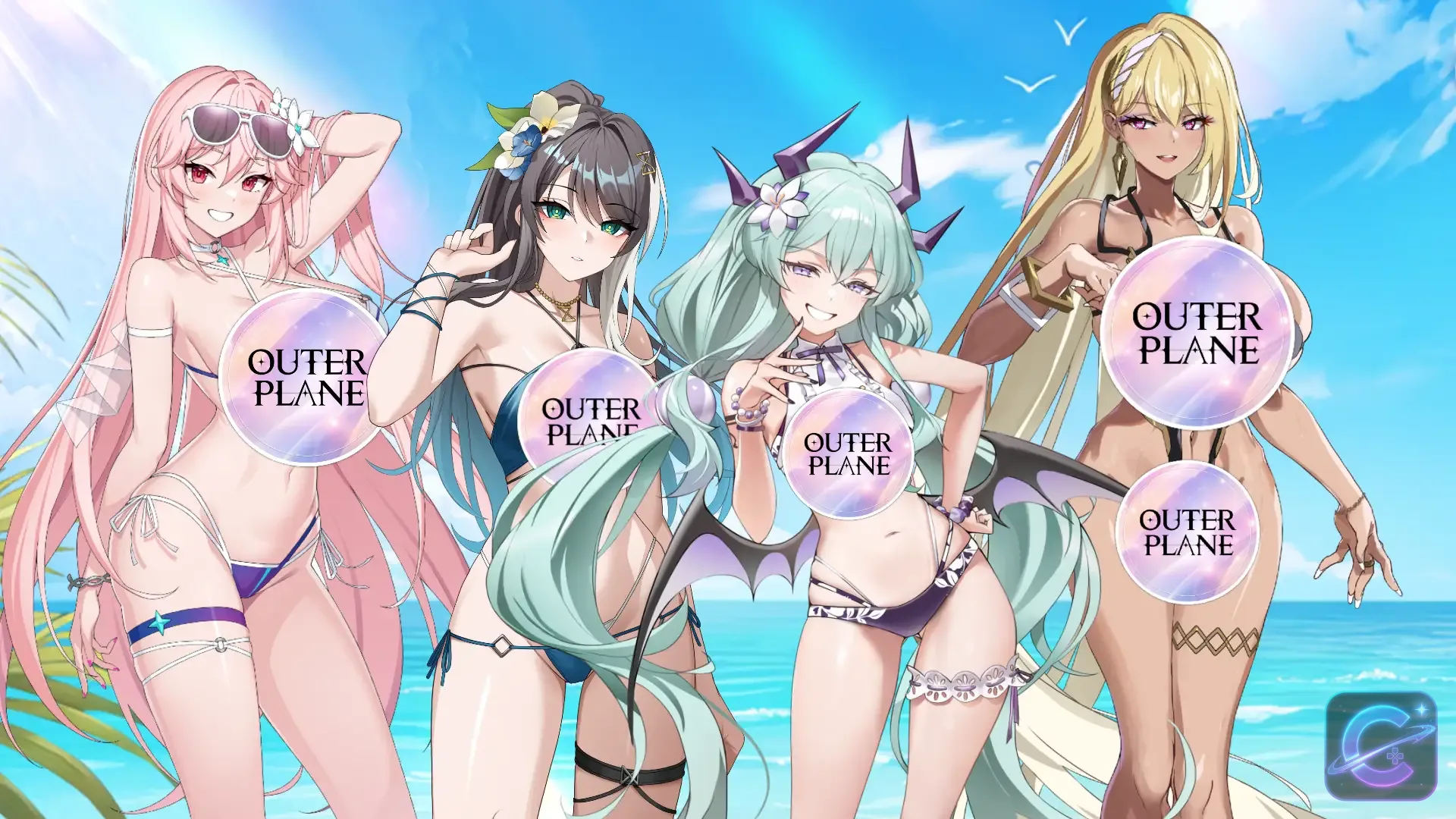Four heroines stand together in summer outfits on a sunny beach beside the ocean.