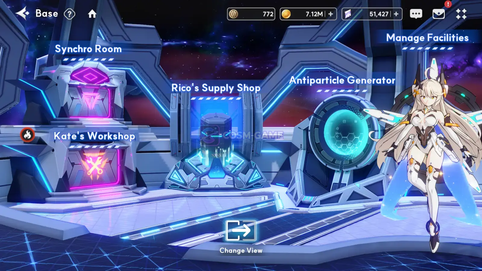 The updated OUTERPLANE Base interface displays its revised background and facilities.
