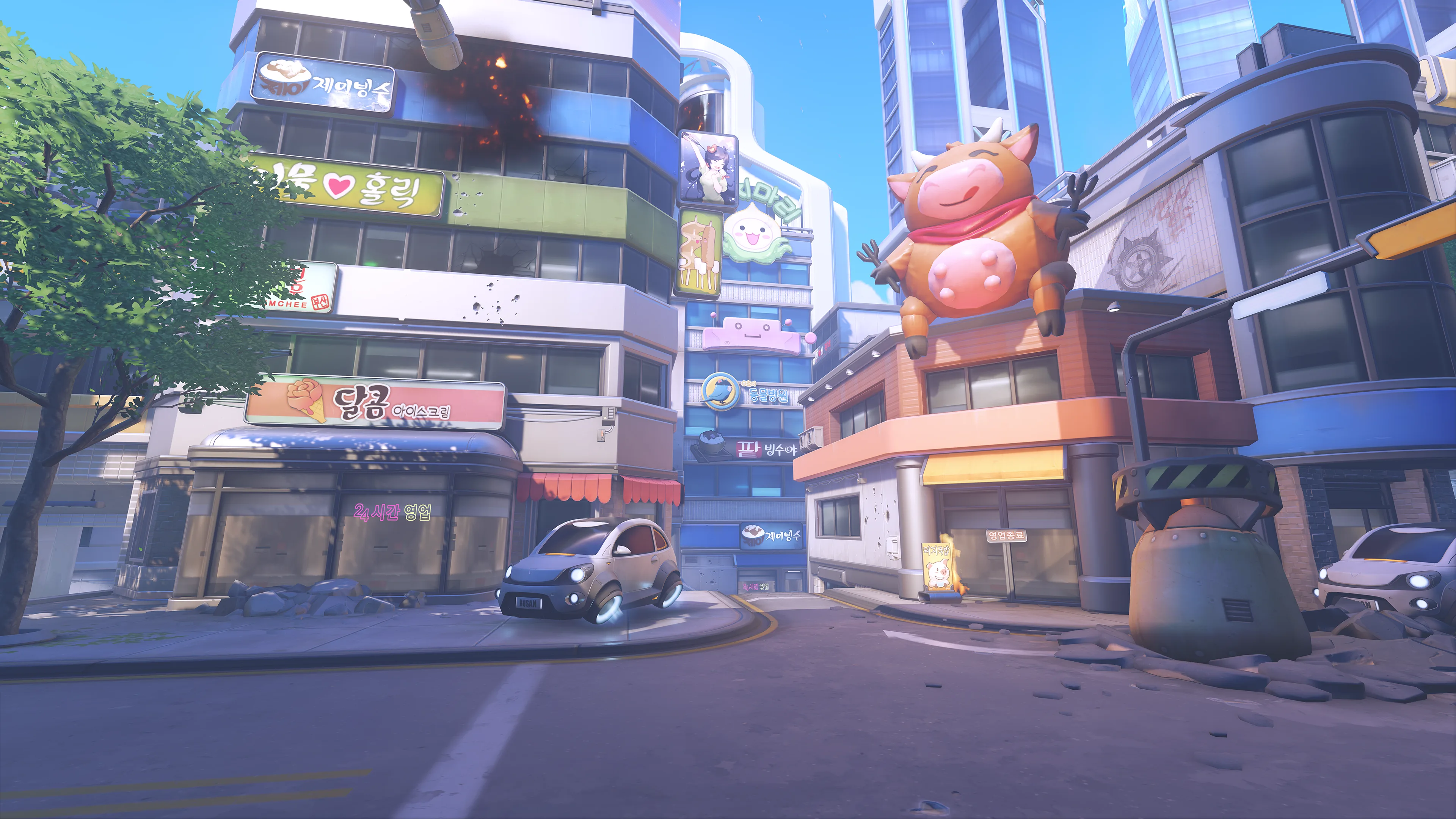 Reworked Busan map in Overwatch Season 4 showing battle damage and new environment details