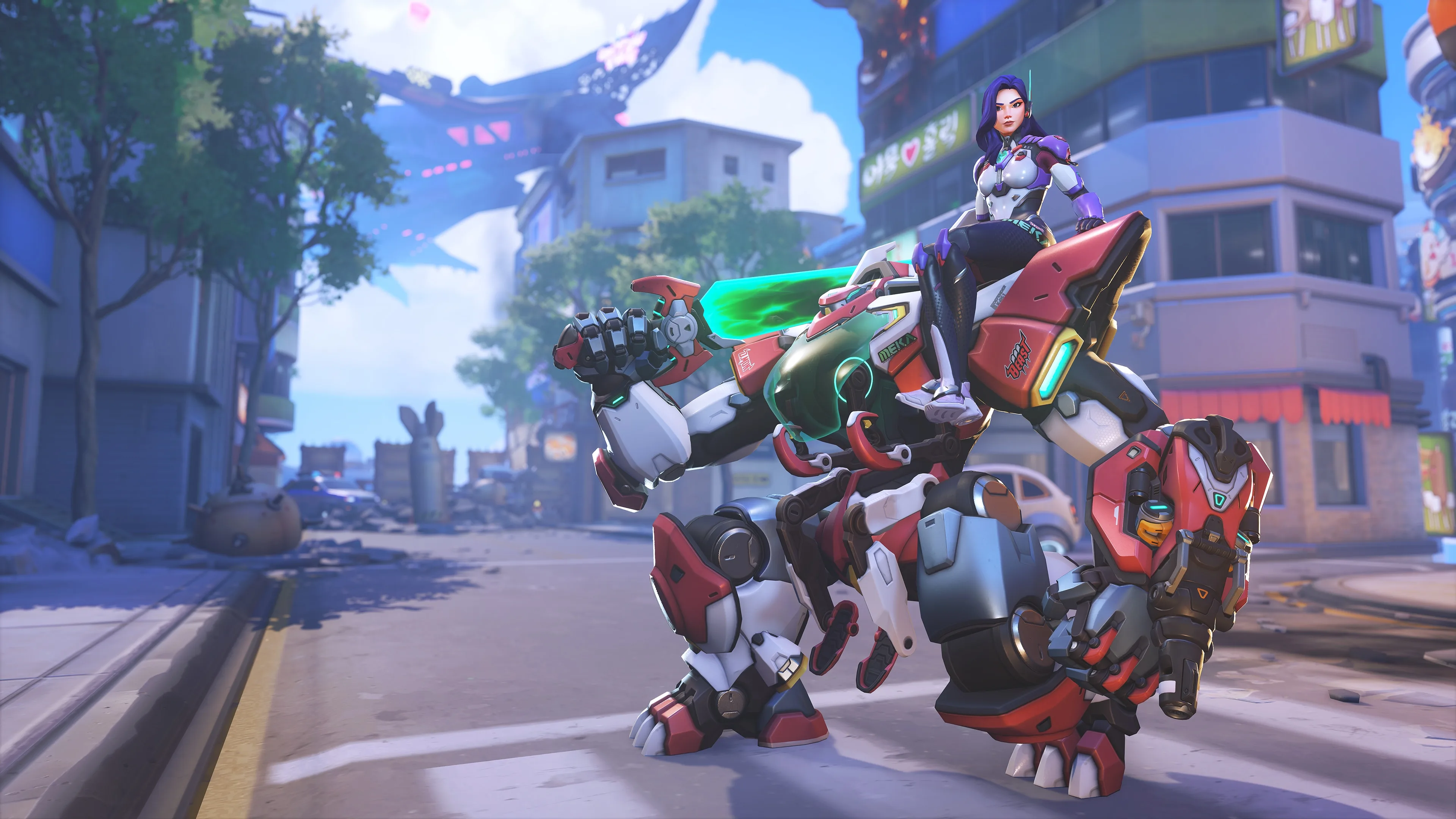 D.Mon, Yuna Lee in her MEKA suit Beast, standing as an Overwatch hero