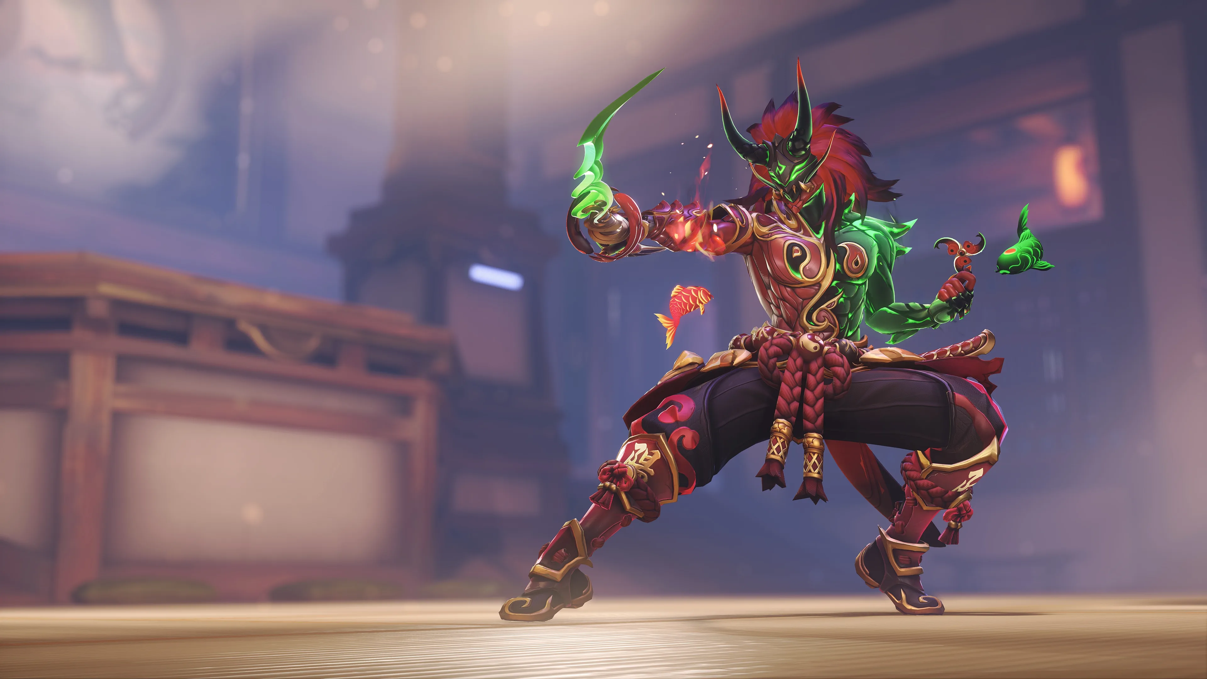 Genji wearing the Koi of Duality Mythic skin in Overwatch Season 4