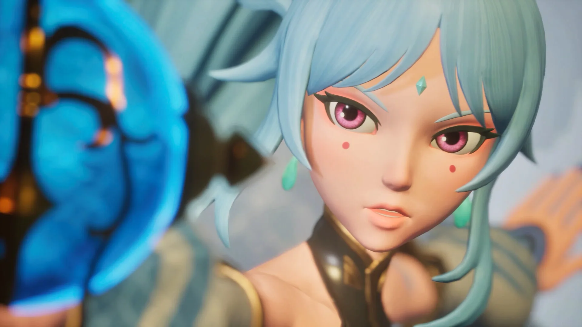 A blue-haired female character shown in close-up during a Palworld scene.