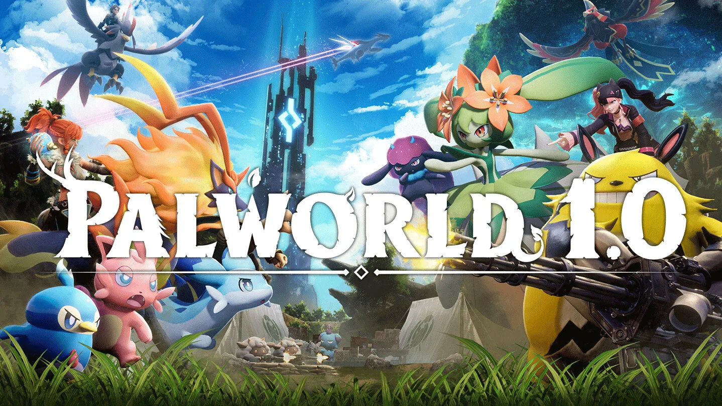 Palworld key art with multiple Pals and human characters around a towering structure.