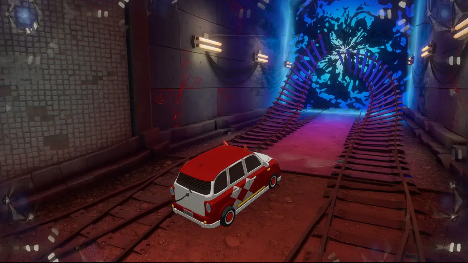 A red vehicle traveling along twisted railway tracks inside the dark Mementos tunnels