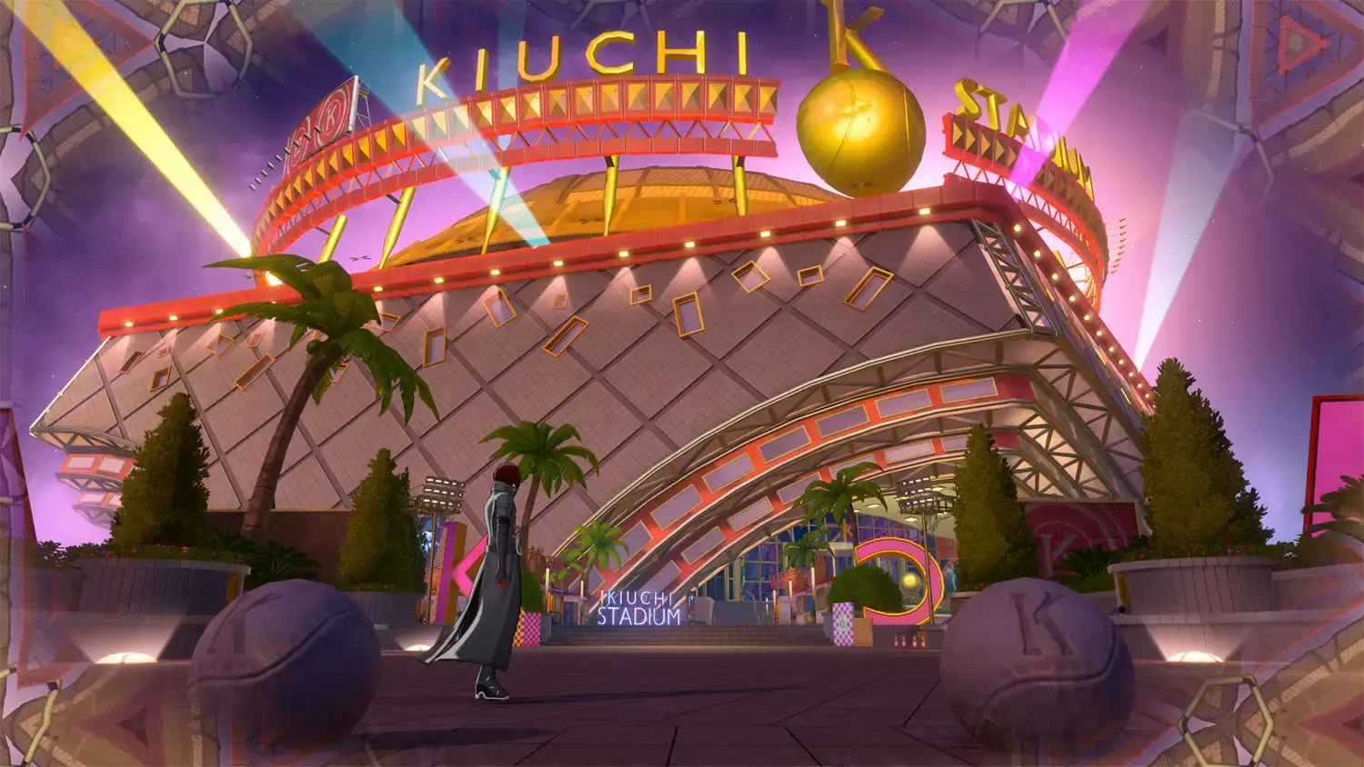 The protagonist approaching a brightly illuminated stadium-like Palace in the Metaverse