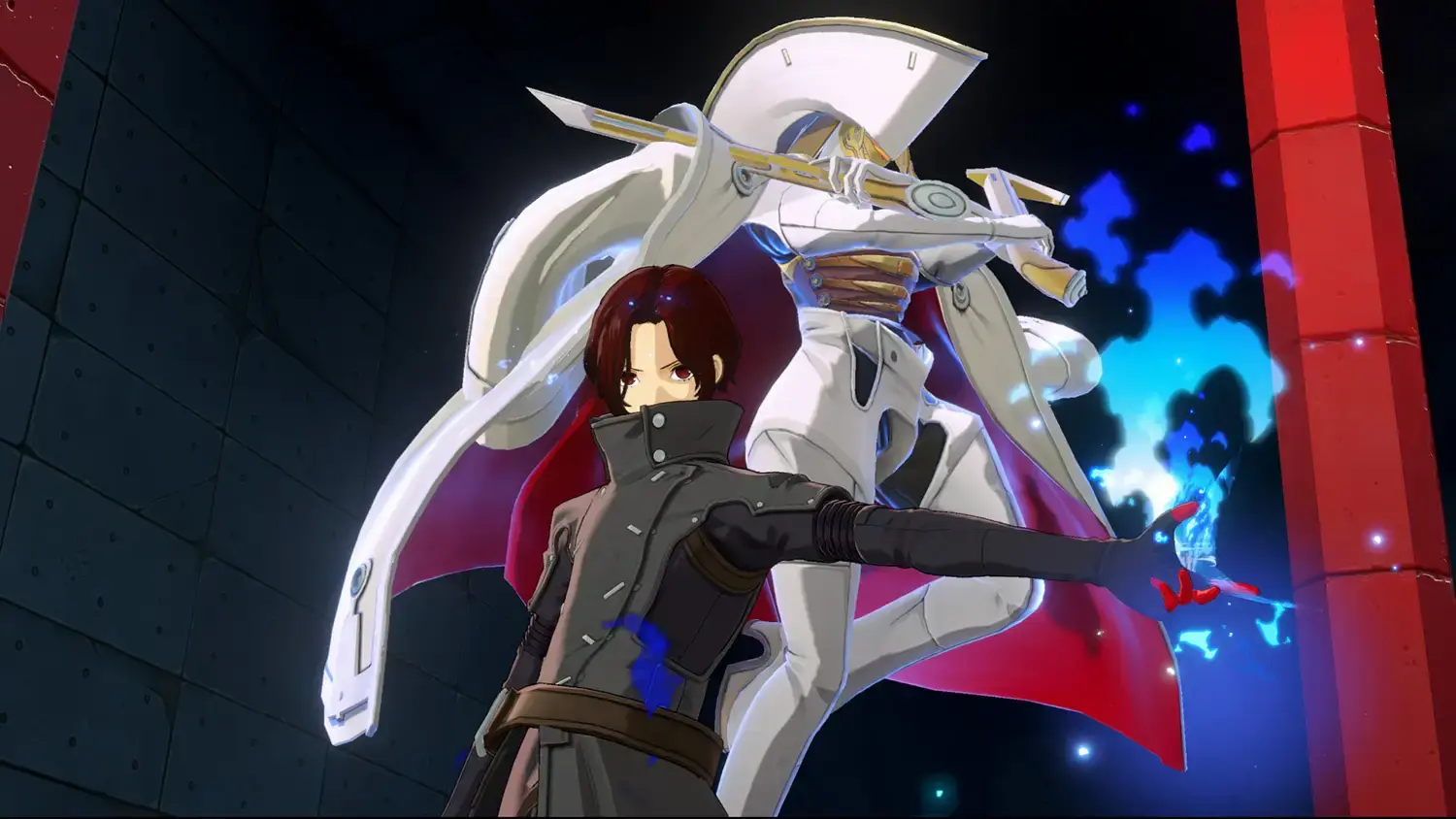 The protagonist extending a hand surrounded by blue flames with his Persona behind him