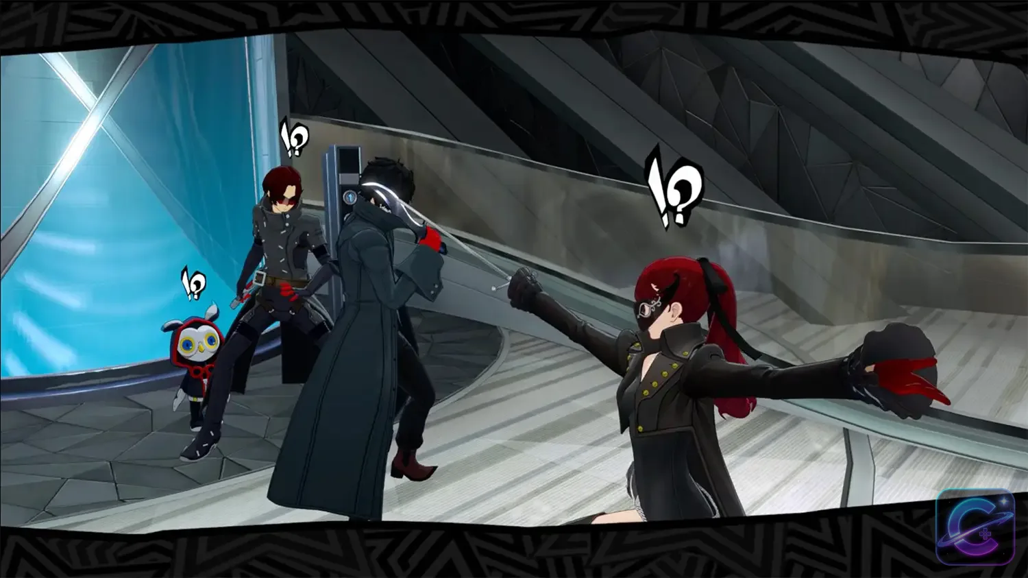 Persona5: The Phantom X characters gather in a promotional scene with the series' red and black visual style.