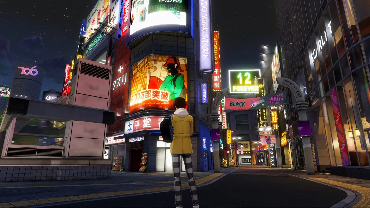 The protagonist standing beneath illuminated signs on a Shibuya street at night