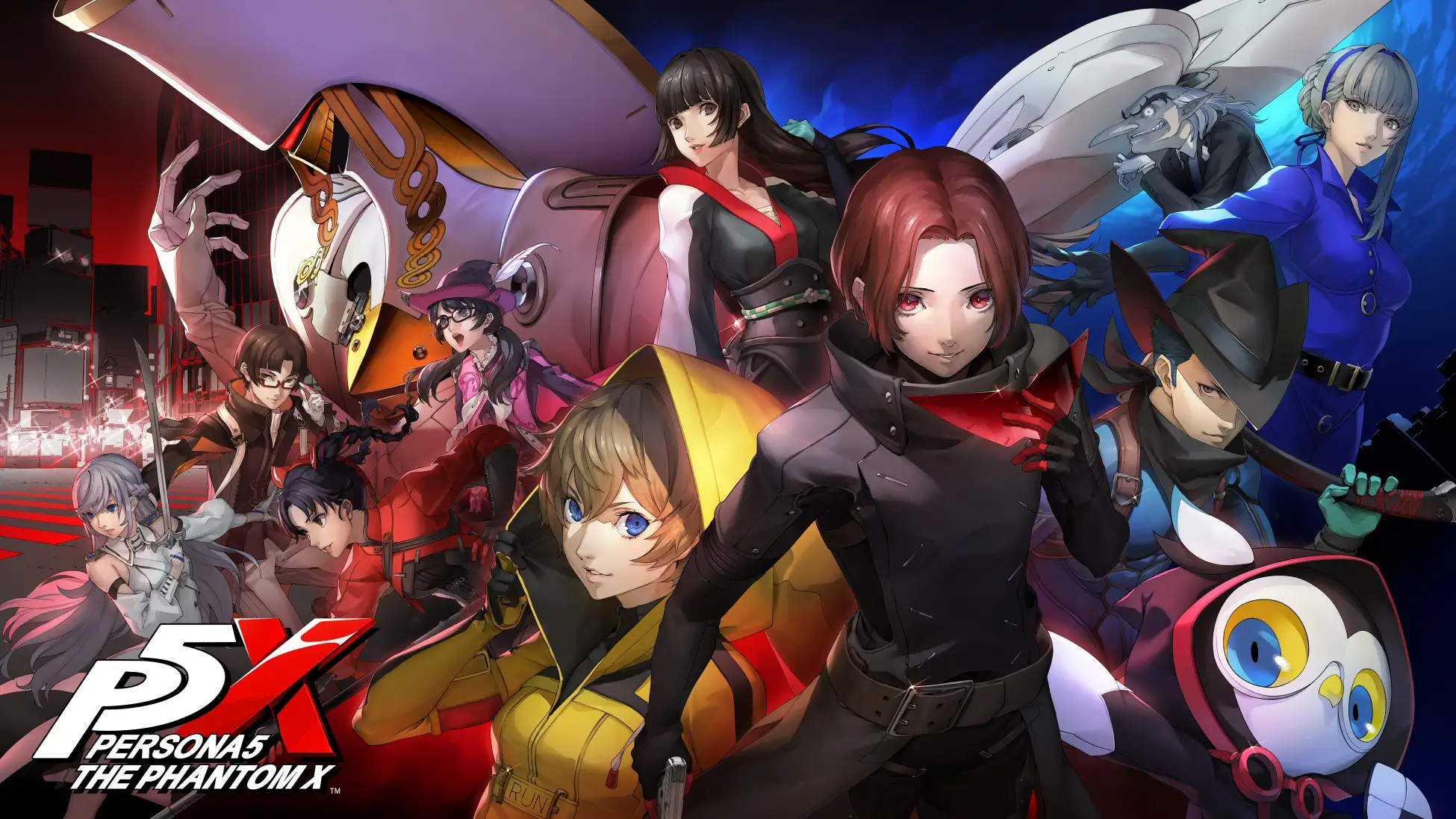The Persona5: The Phantom X protagonist and Phantom Thieves assembled against red and blue city backdrops