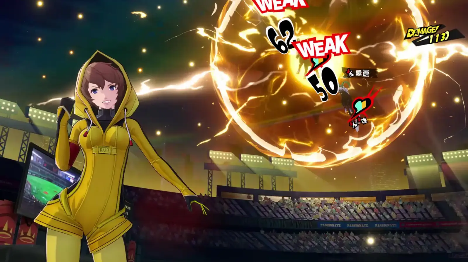 Motoha Arai attacking an enemy with a powerful Persona skill during a turn-based battle