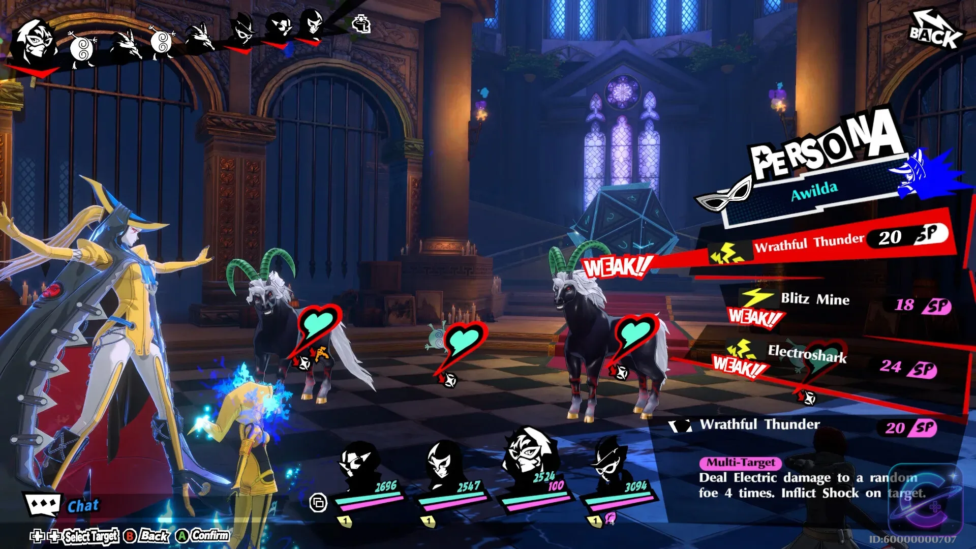 A party faces Shadows during a turn-based battle in Persona5: The Phantom X.