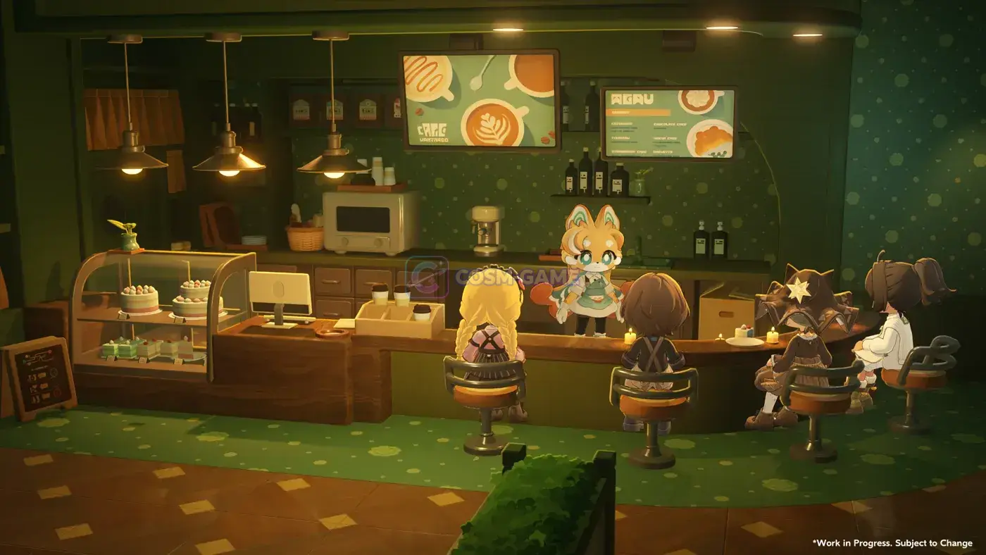 Warmly lit cafe interior where several player characters and a cat-like Neighbor sit at a wooden counter beneath hanging lamps.