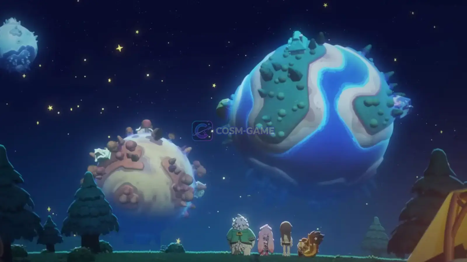 Characters standing on a grassy edge looking out at large glowing planets floating in a dark starry sky.