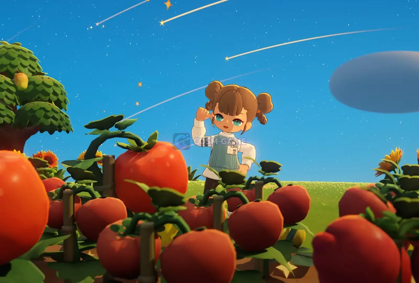 A girl with brown hair buns standing among giant tomato plants under a bright blue sky with shooting stars.