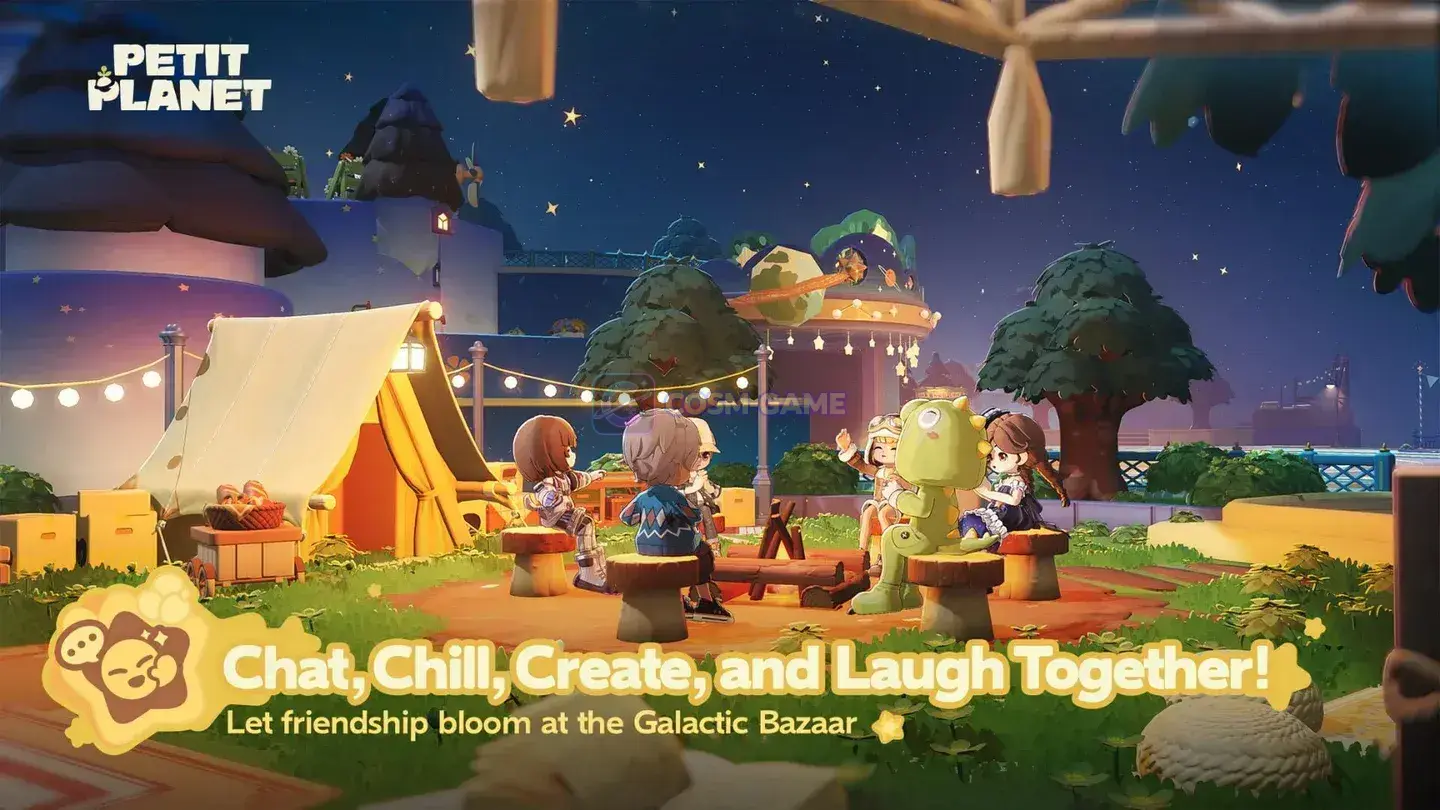 Player characters and Neighbors sitting on mushroom stools around a campfire at night under string lights and a starry sky.