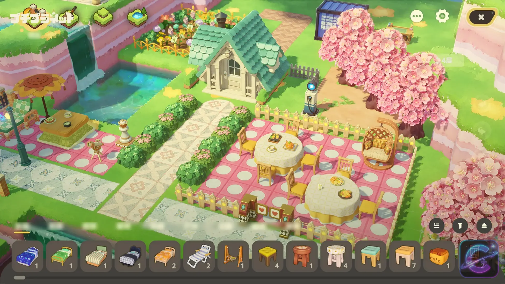 An overhead decorating view shows a cottage, garden paths, tables, chairs, trees, and a furniture selection interface.