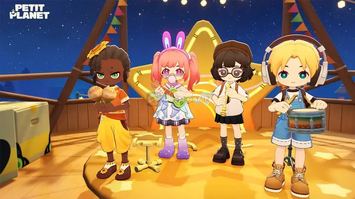 Four characters playing instruments together on a wooden stage decorated with flags under a starry night sky.