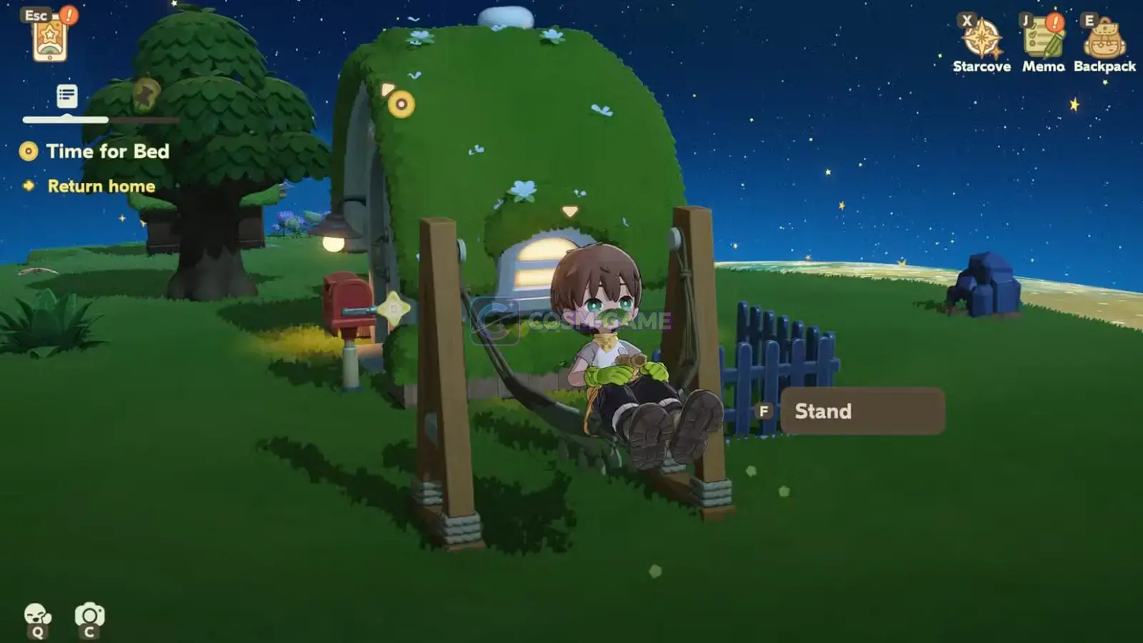 A character resting in a hammock beside a small round house on a grassy planet at night, with stars visible in the sky.