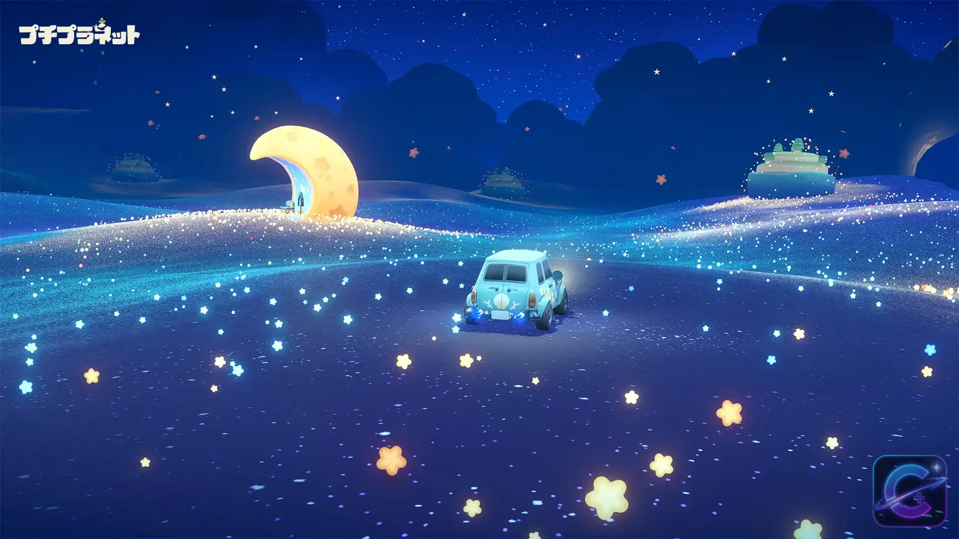 A small car travels across a glowing field of stars toward a crescent-shaped destination.