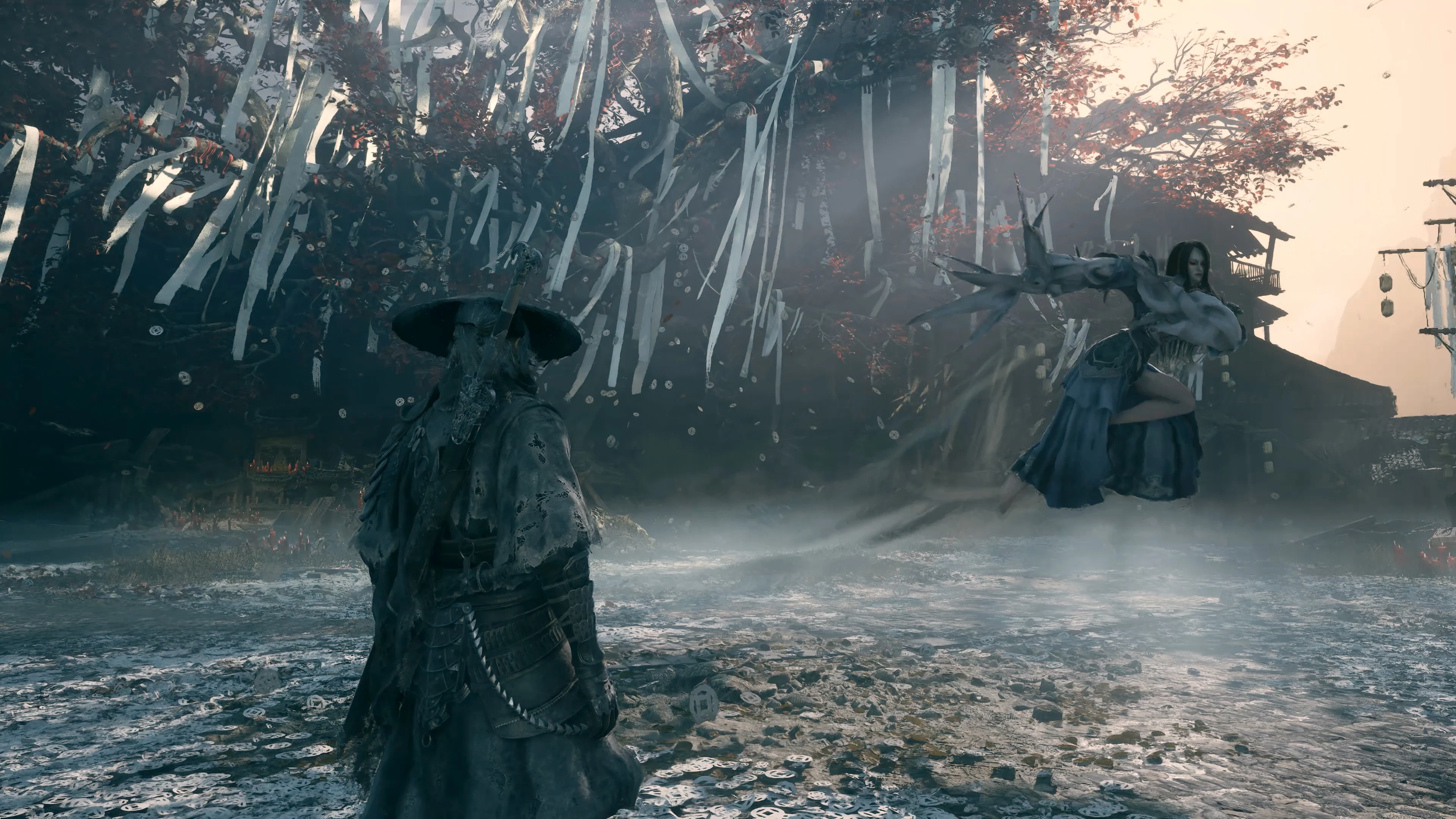 Soul in a dramatic mid-combat pose facing a large, imposing enemy in a visually striking arena