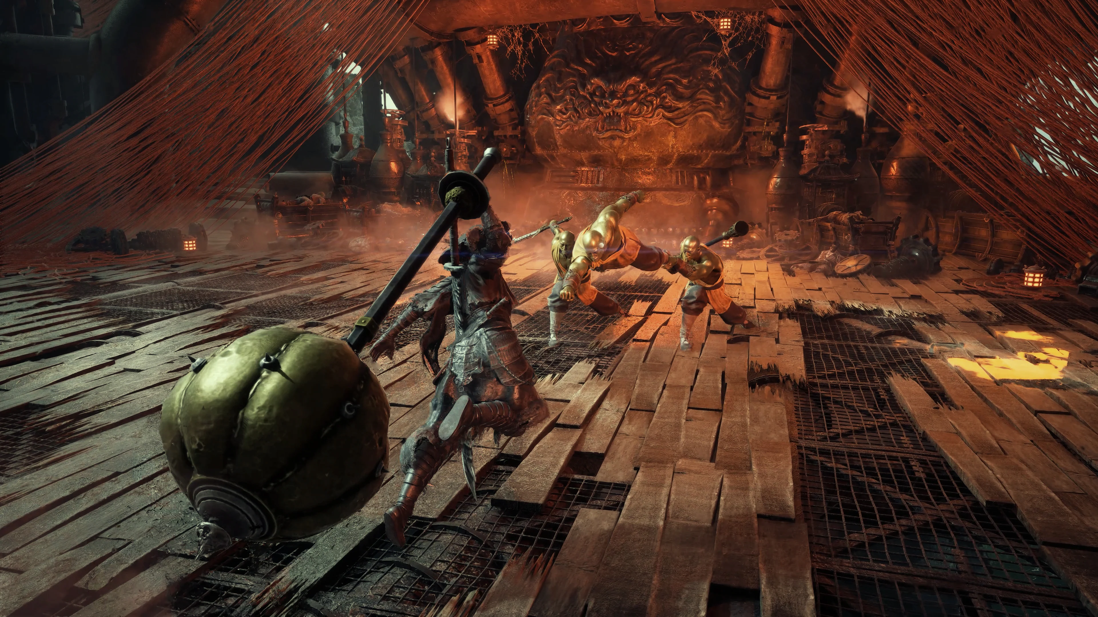 Soul facing off against an armored opponent in an ornate indoor setting with lanterns and architectural detail