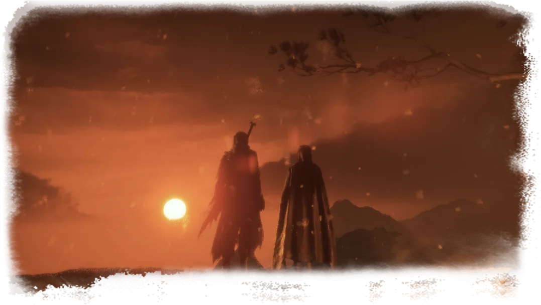 Two Phantom Blade Zero characters standing against an orange sunset in the Phantom World.
