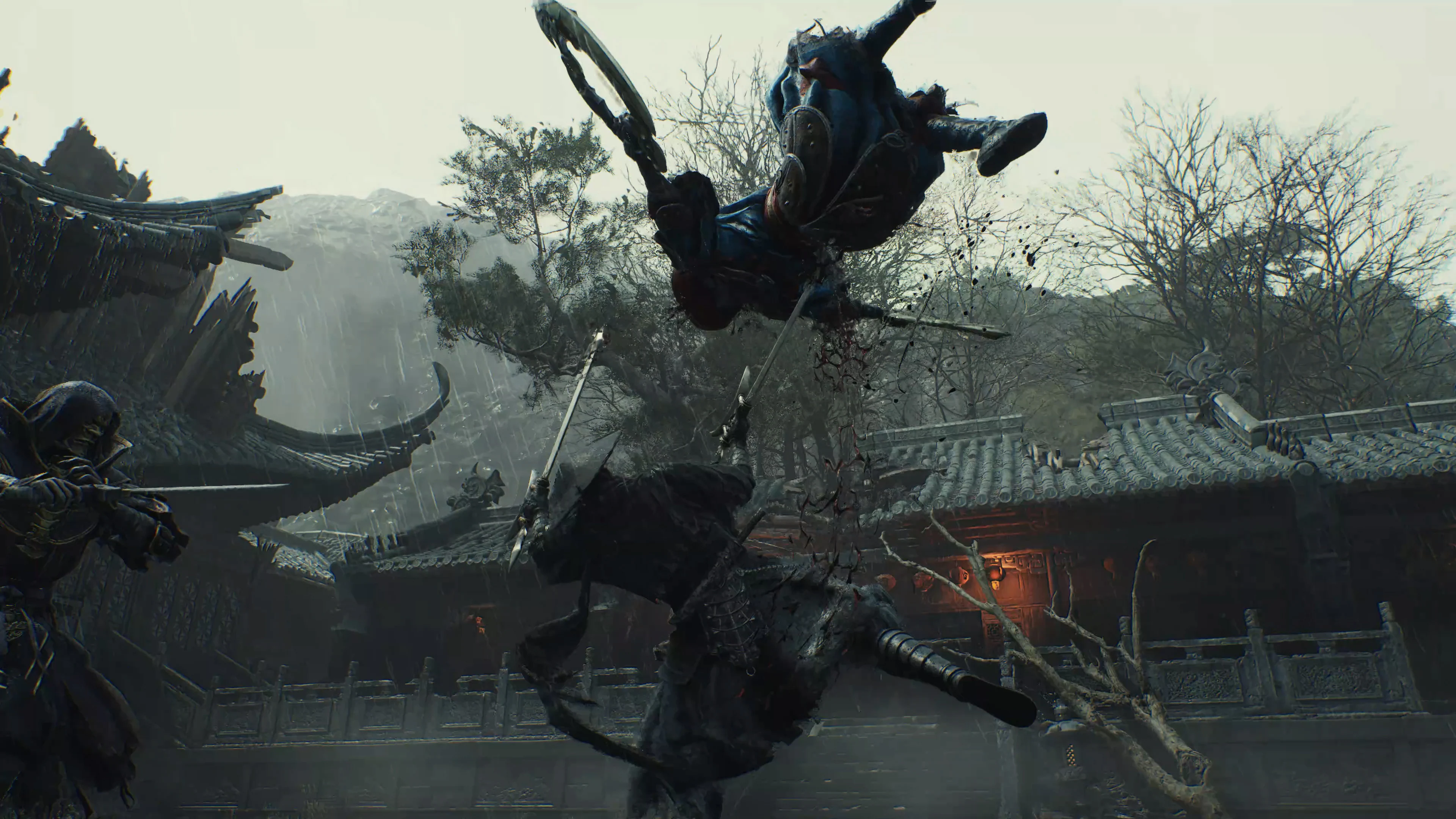 Soul clashing with an enemy warrior amid sparks and blades in a dimly lit environment