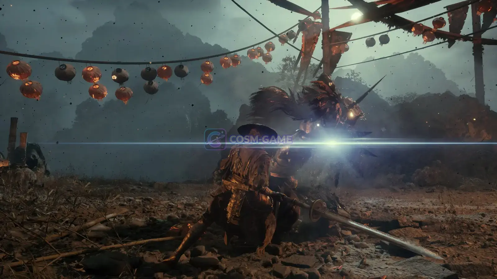 Soul battles an enemy in a stormy outdoor environment.