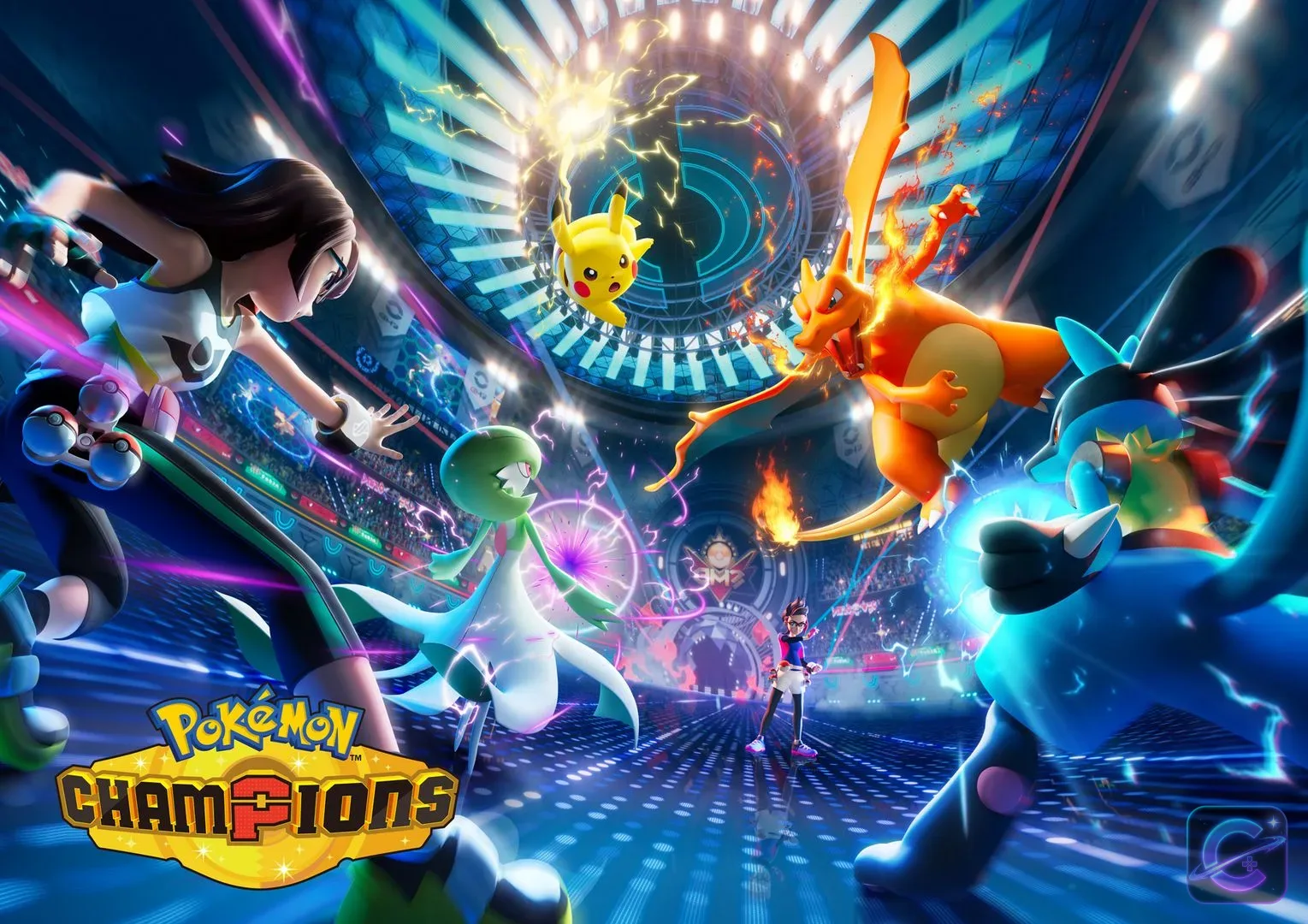 A female Trainer battles alongside Gardevoir and Lucario against Charizard and Pikachu inside a bright stadium.