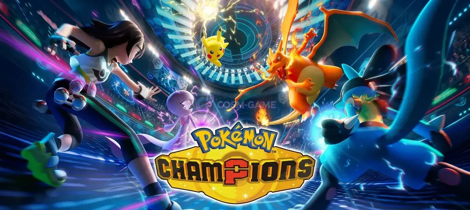 A female Trainer battles alongside Gardevoir and Lucario against Charizard and Pikachu inside a bright stadium.