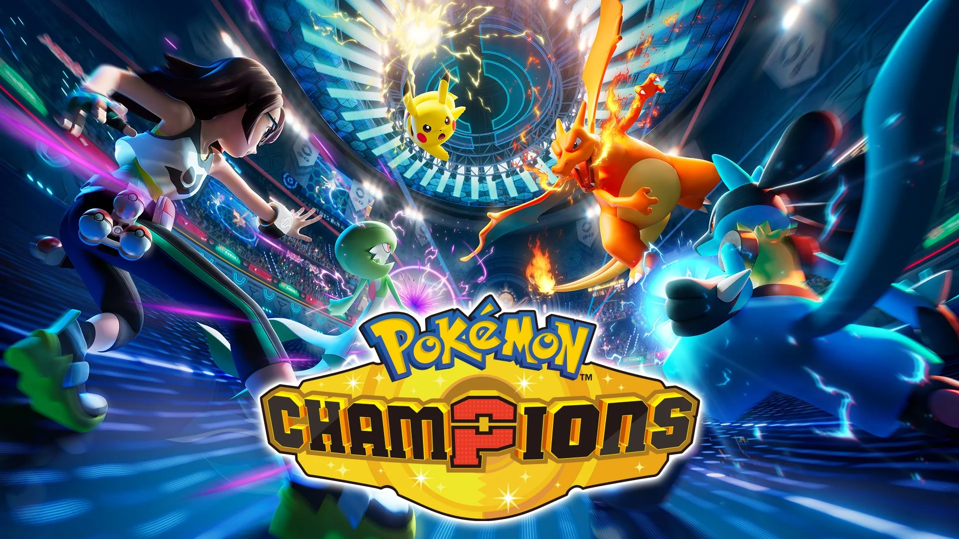A Trainer, Gardevoir, Pikachu, Charizard and Lucario battling around the Pokémon Champions logo.