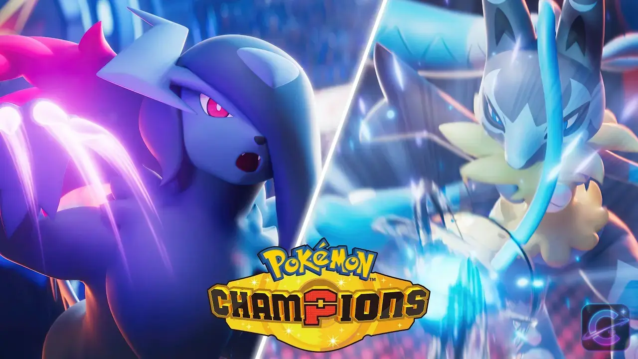 Absol and Lucario face off in an official Pokémon Champions feature trailer image.