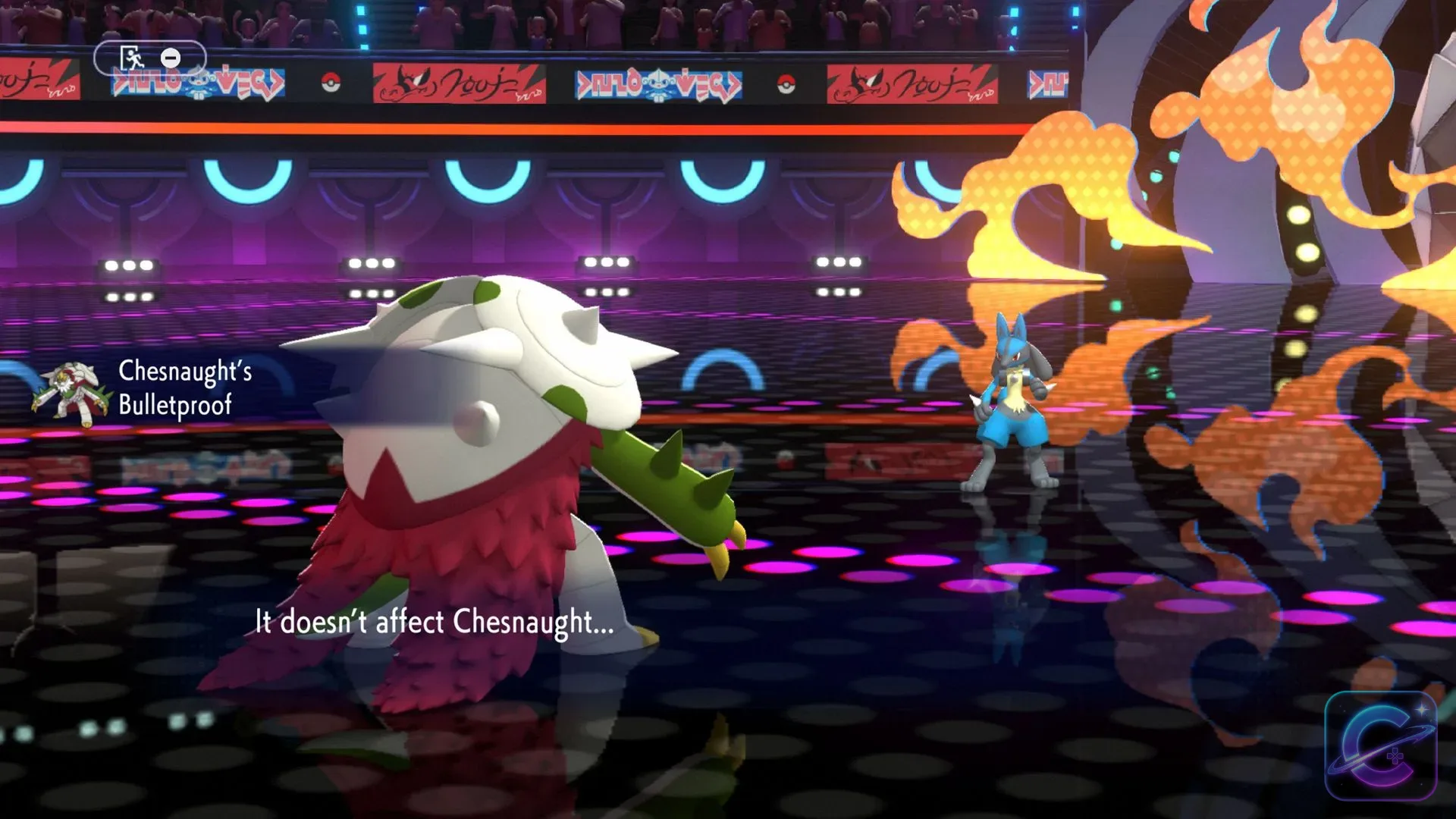 Chesnaught faces Lucario in the stadium while its Bulletproof Ability prevents an incoming effect.