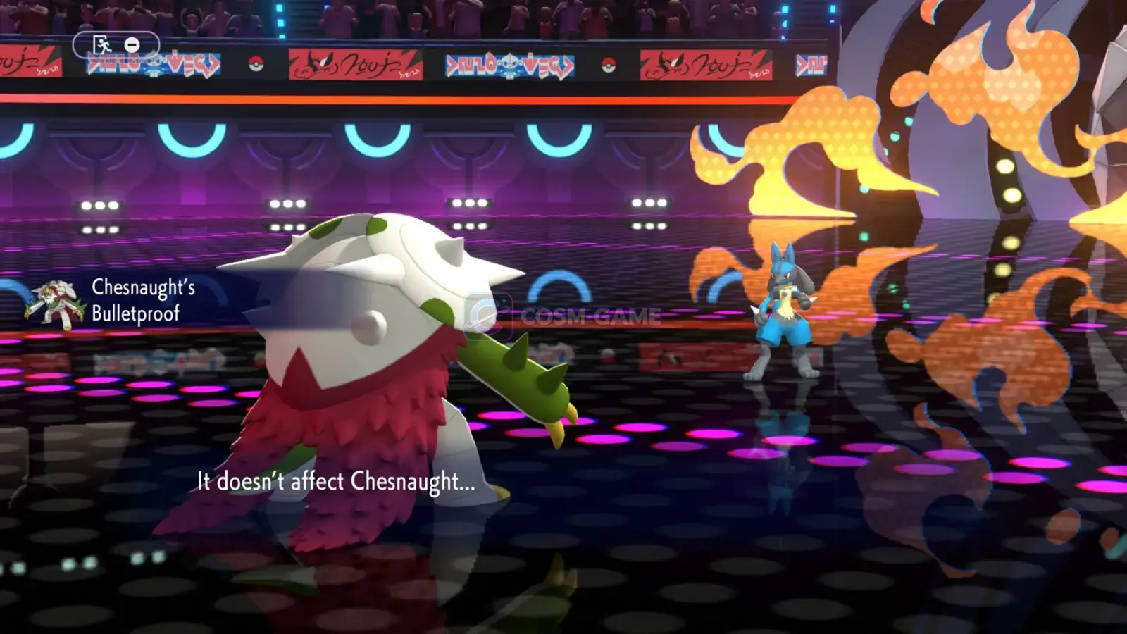 Chesnaught faces Lucario in the stadium while its Ability prevents an incoming battle effect.