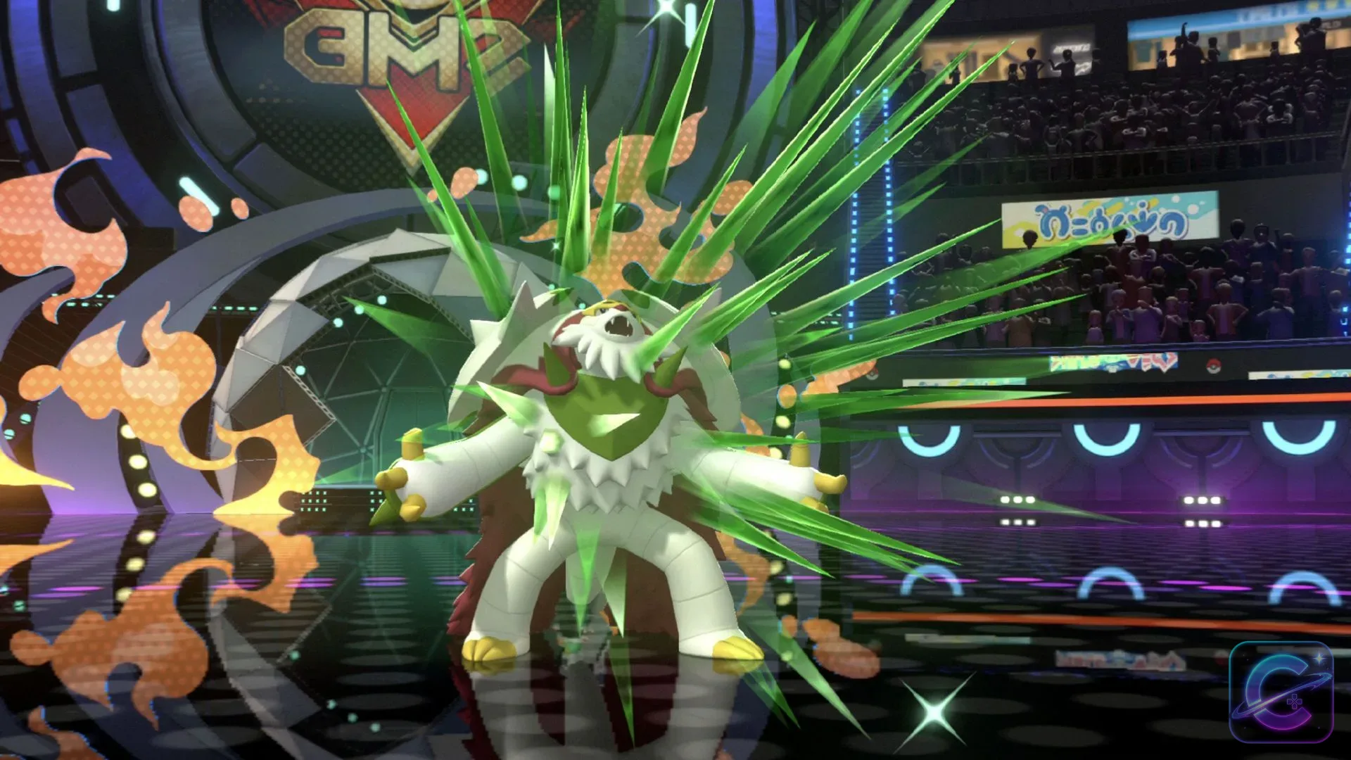 Mega Chesnaught spreads its arms as green energy bursts outward across the battle arena.