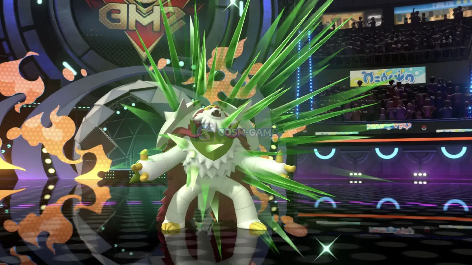 Mega Chesnaught spreads its arms as green energy bursts across the Pokémon Champions arena.