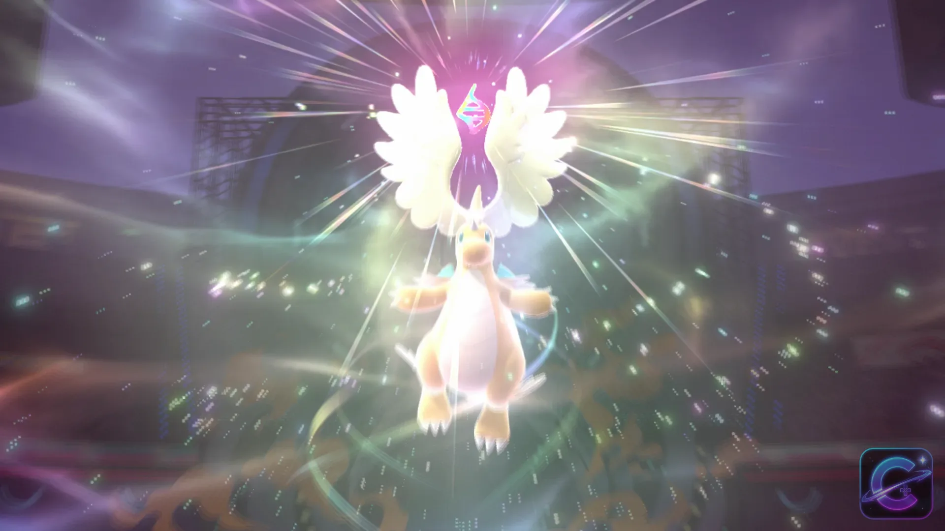 Mega Dragonite rises beneath a glowing Mega Evolution symbol as multicolored light fills the stadium.