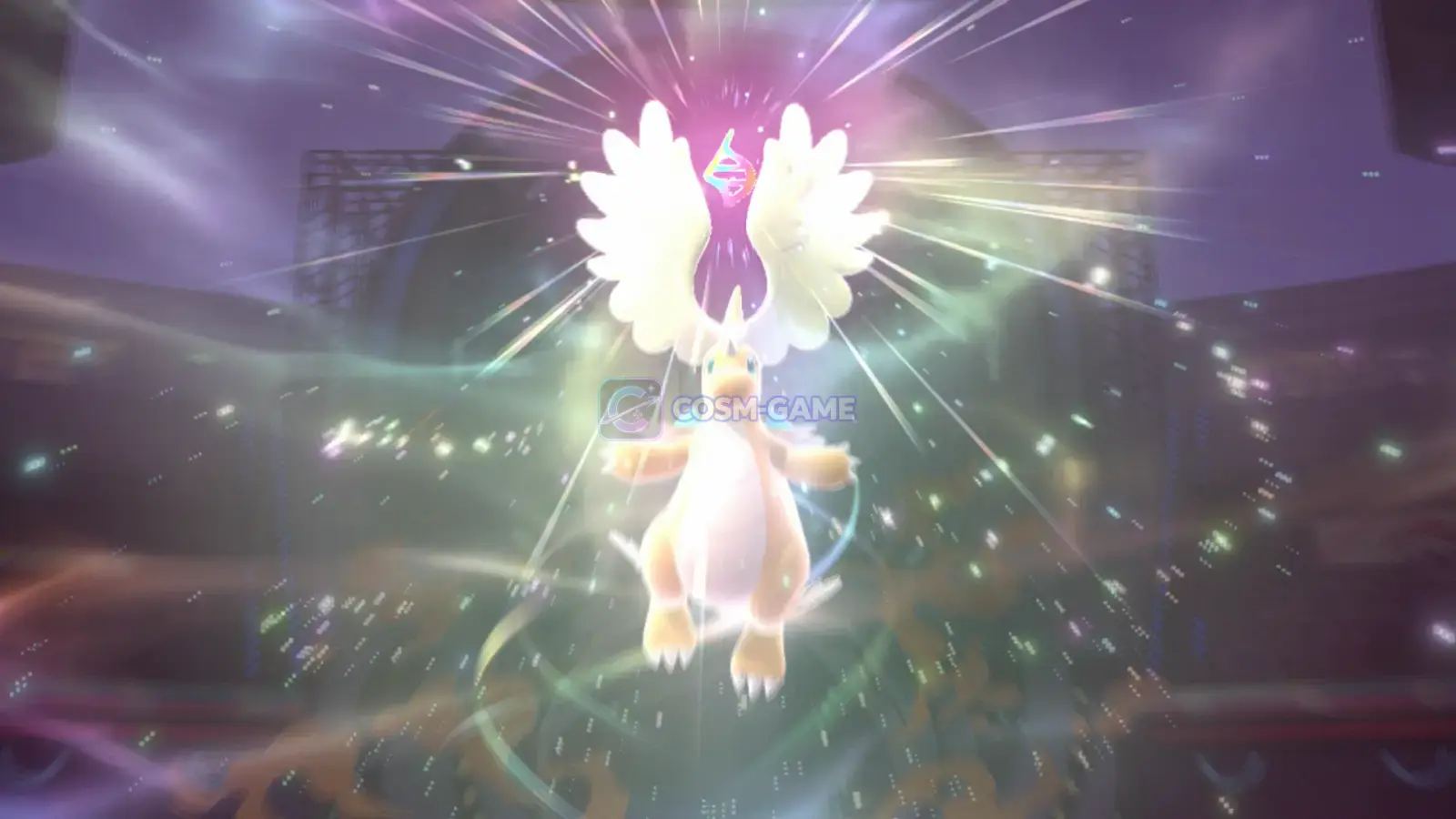 Mega Dragonite transforms beneath the Mega Evolution symbol during a Pokémon Champions battle.