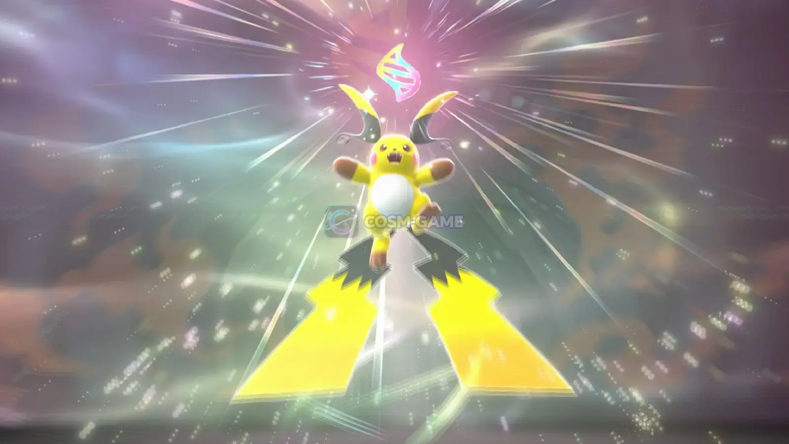 Mega Raichu X transforms beneath a glowing Mega Evolution symbol in the battle stadium.