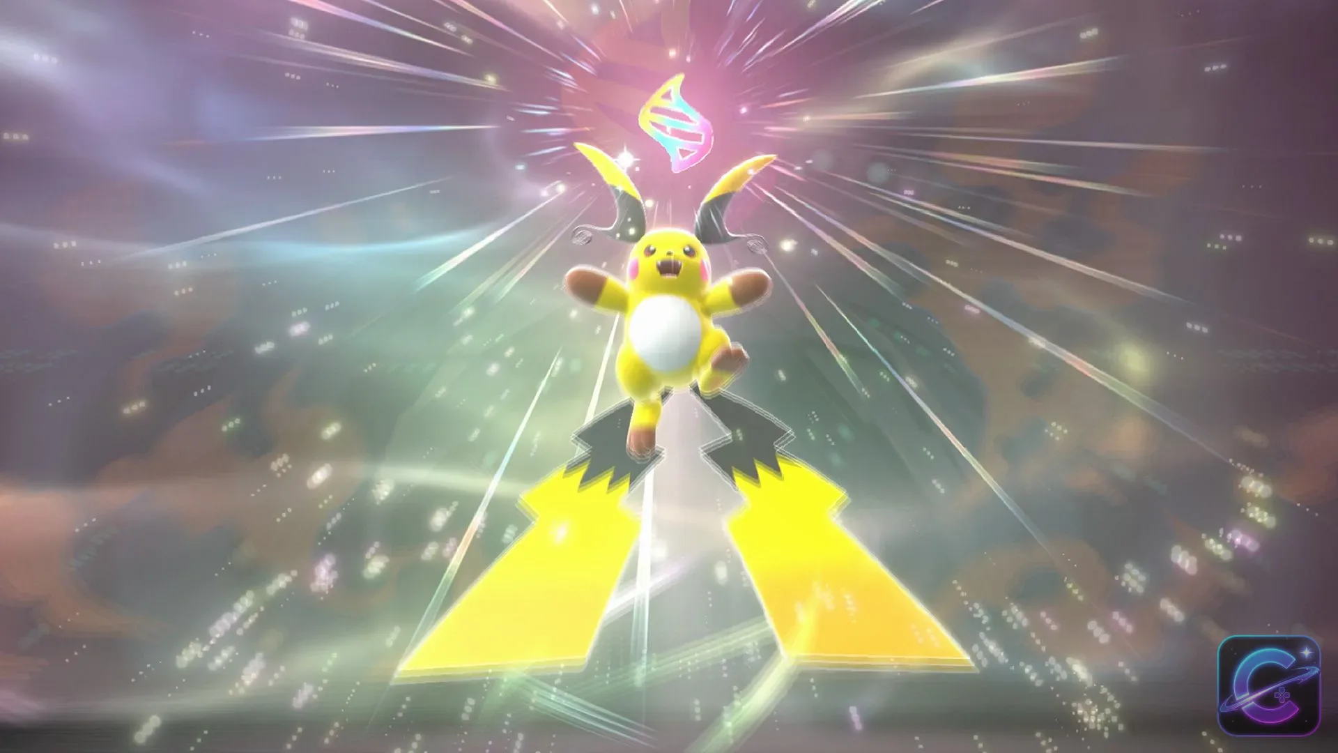 Mega Raichu X rises beneath the Mega Evolution symbol as bright yellow light surrounds it.