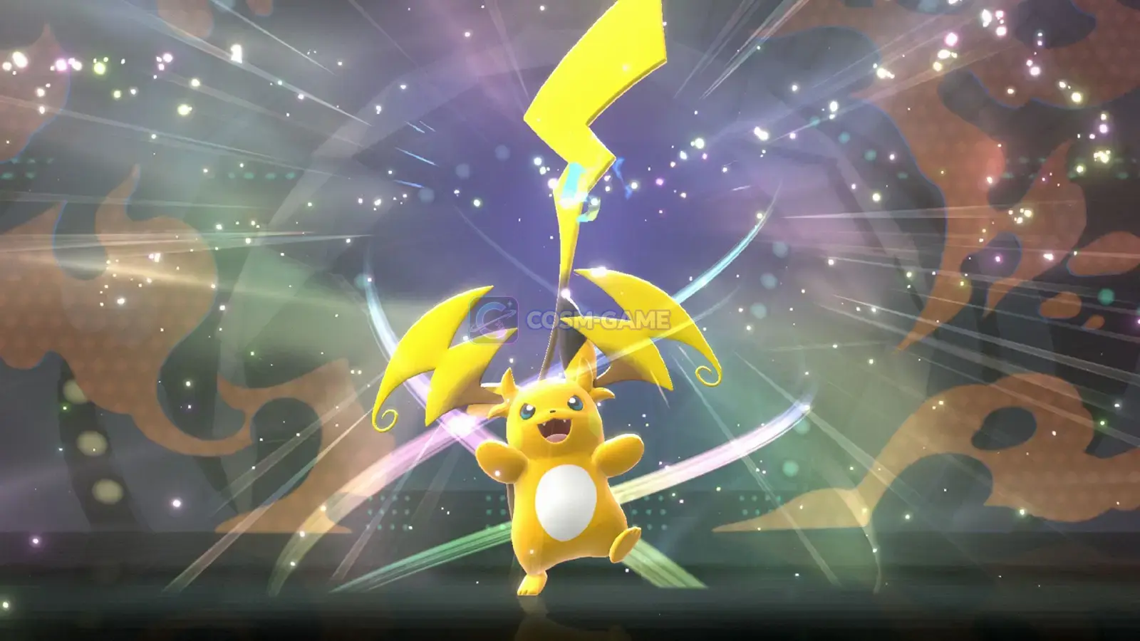 Mega Raichu Y appears during its Mega Evolution transformation surrounded by sparks and light.