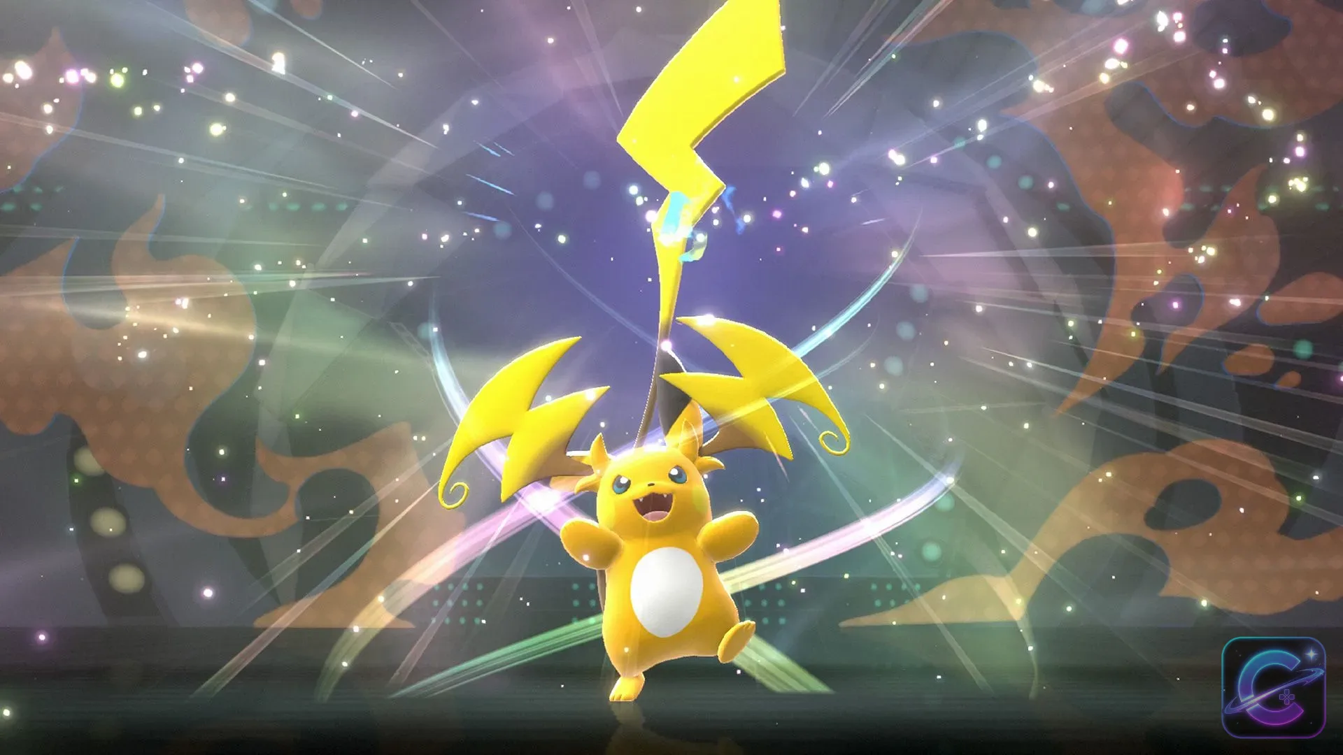 Mega Raichu Y smiles beneath a lightning-shaped crest while sparks and swirling light fill the arena.