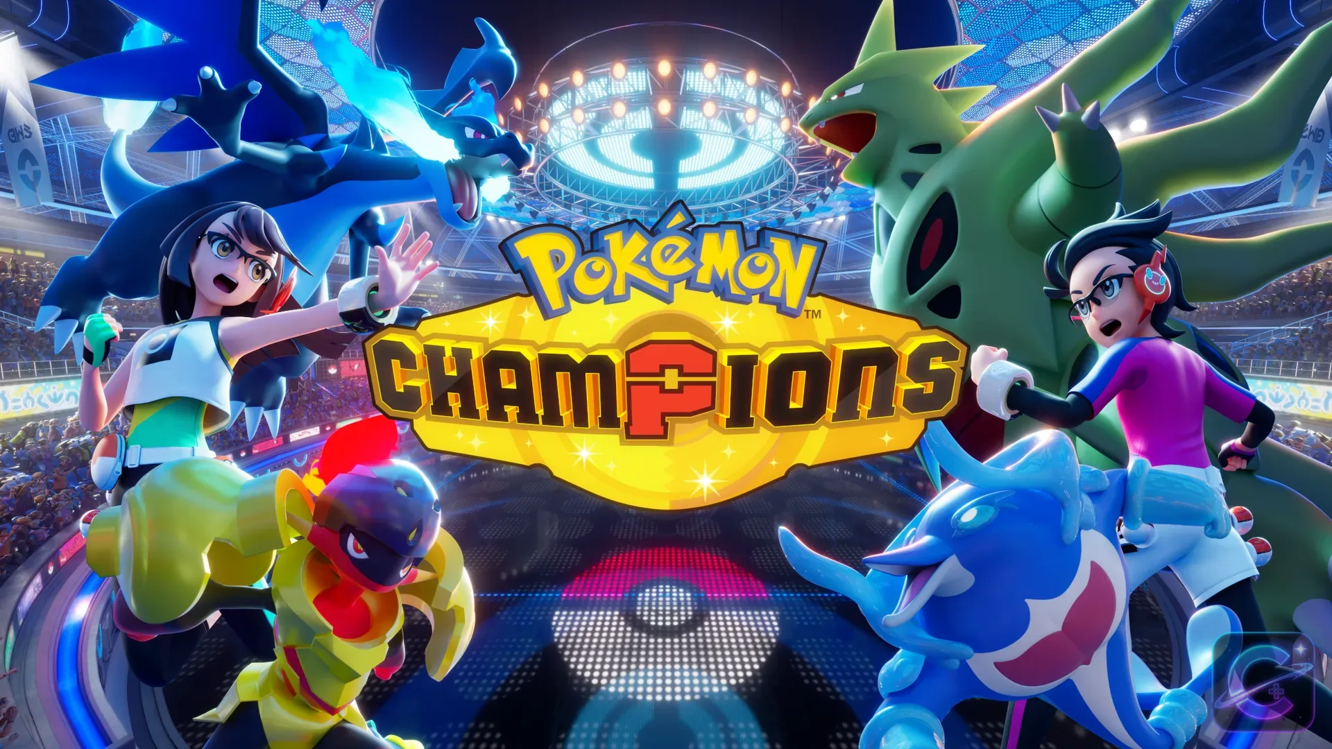 Two Trainers rush into battle while several Pokémon surround the Pokémon Champions logo inside a packed stadium.