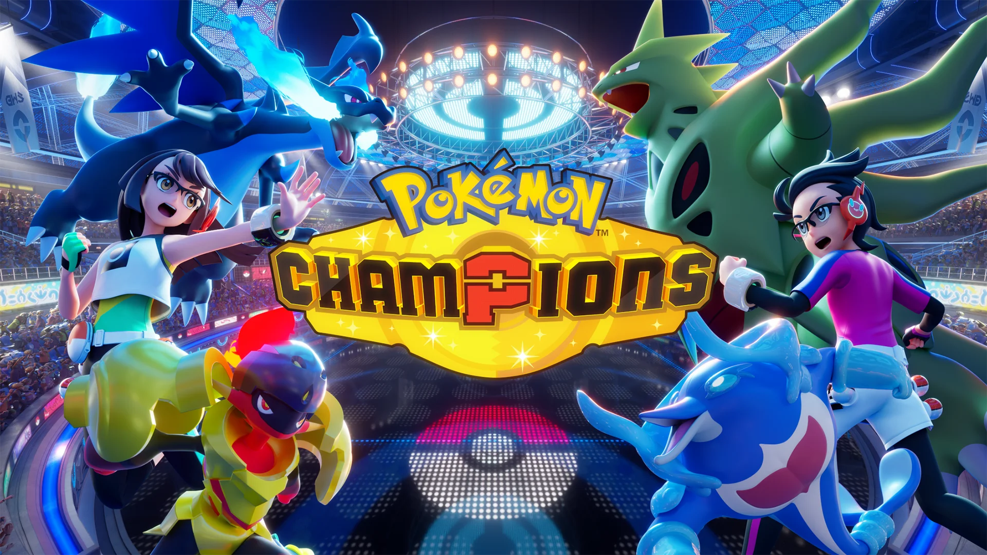 Two trainers face each other in a stadium with Charizard, Tyranitar, and other Pokémon surrounding the Pokémon Champions logo