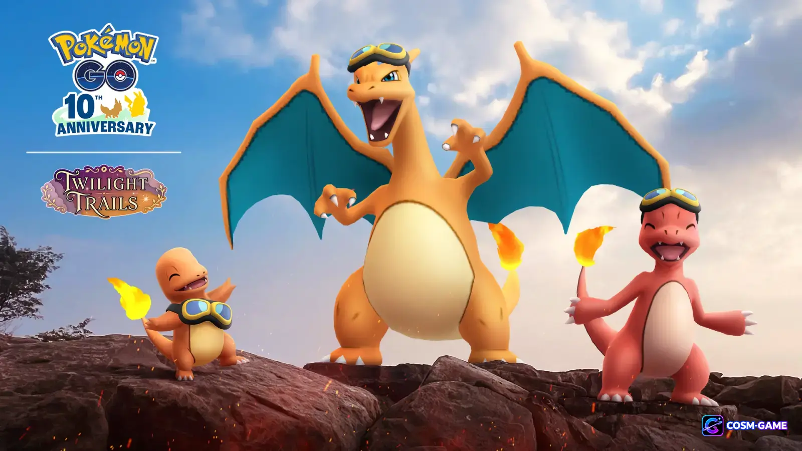 Charmander, Charmeleon, and Charizard wearing Friede's goggles standing on rocky ground beneath a blue sky