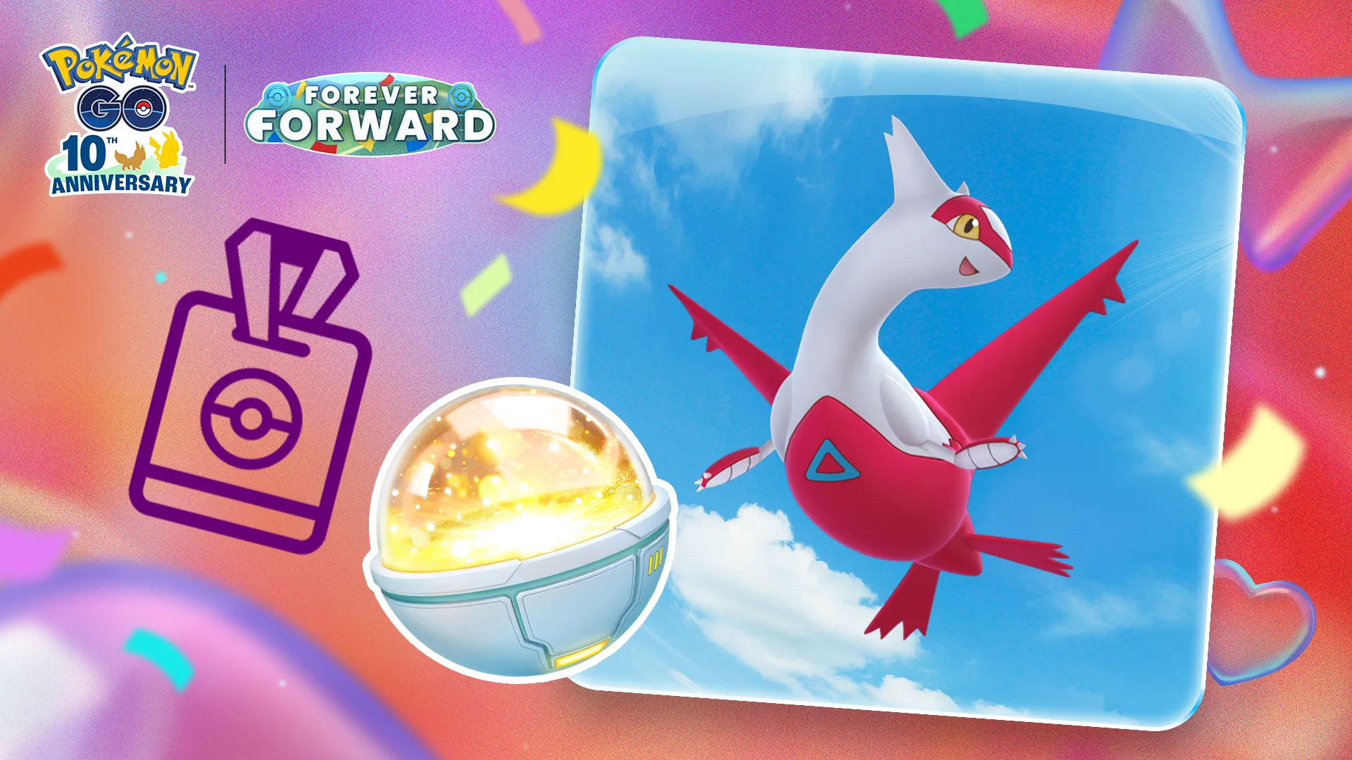 Latias and a Lucky Trinket featured in the Pokémon GO Pass August artwork