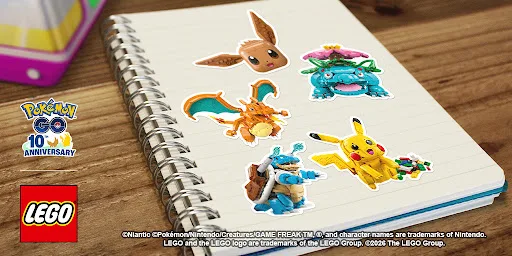 Promotional banner for the LEGO Stores and Pokemon GO partnership.