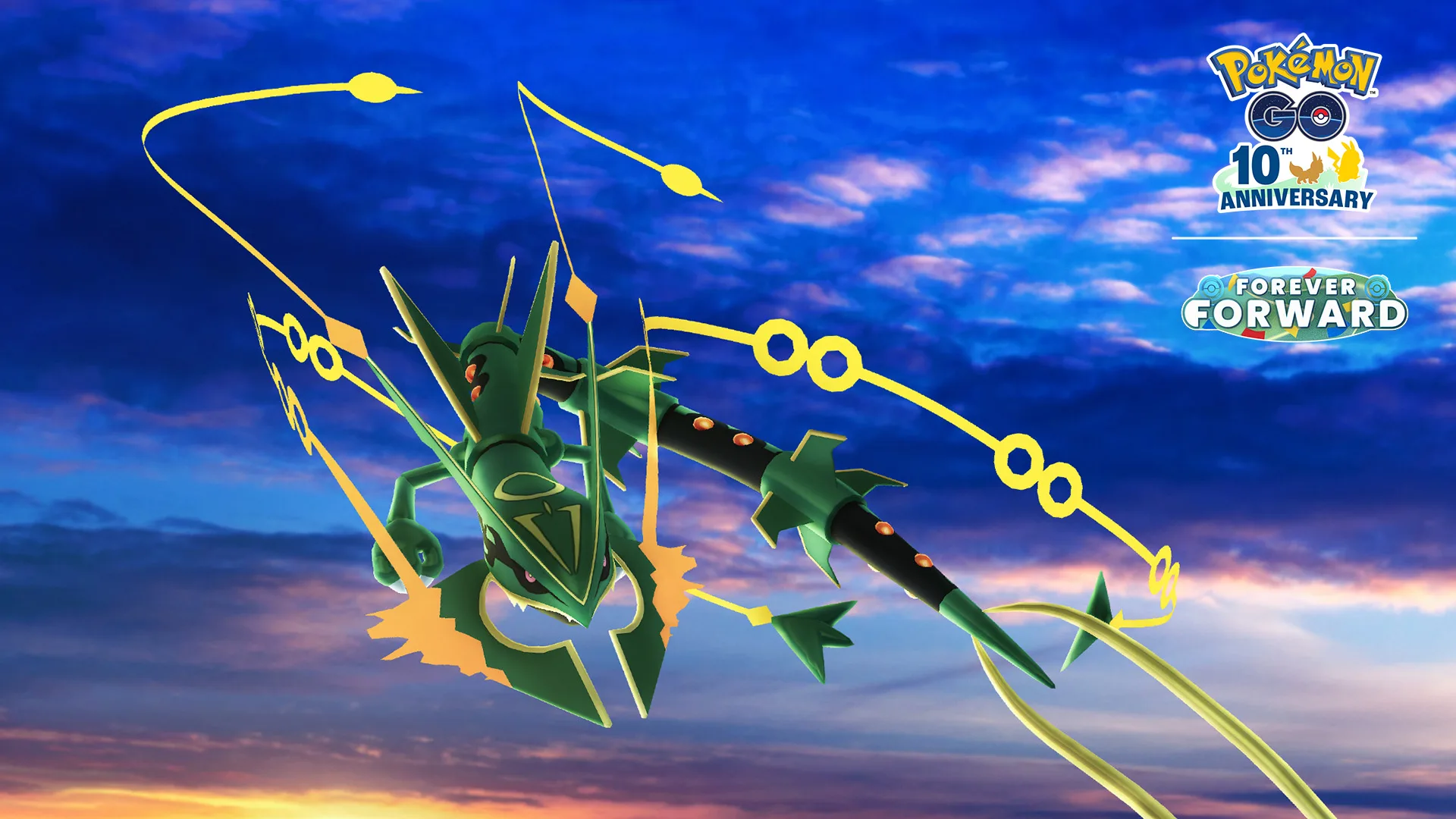 Mega Rayquaza flies through a blue sky beneath the Pokémon GO 10th Anniversary and Forever Forward logos