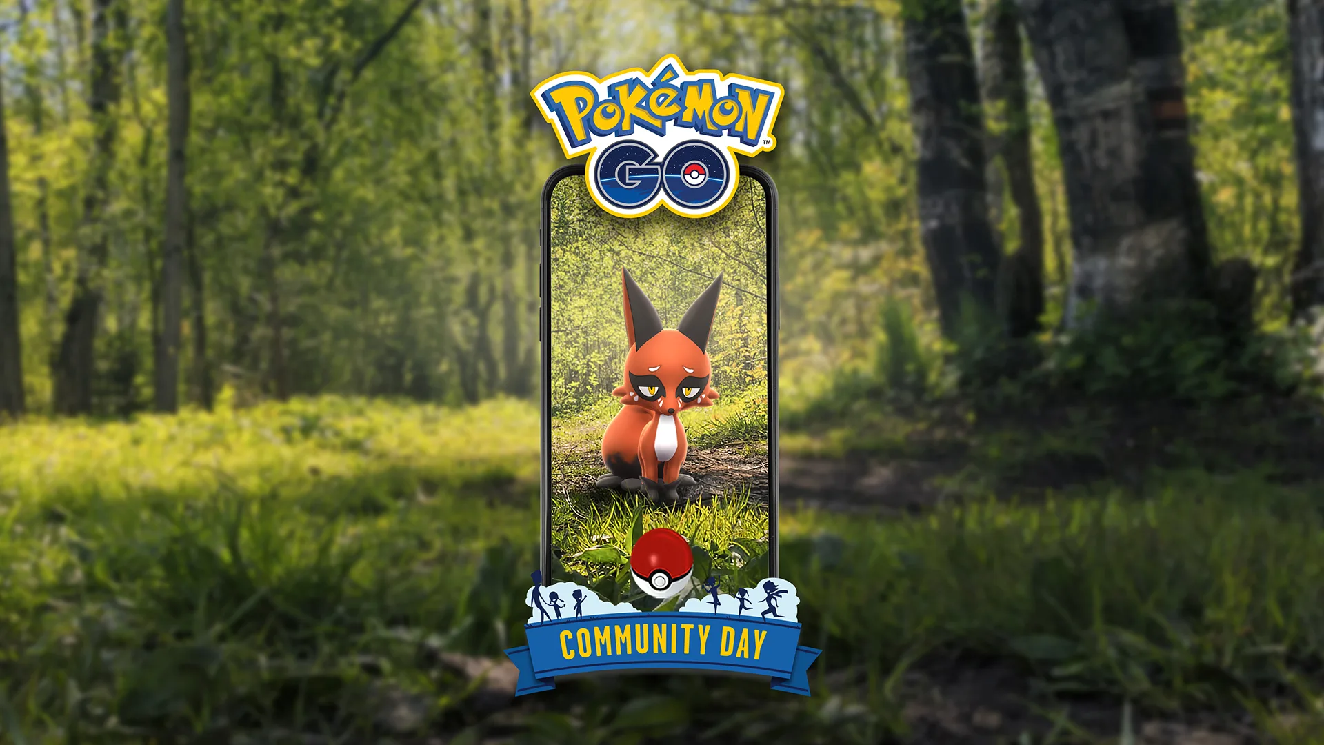 Nickit standing inside a Pokémon GO Community Day frame in a forest.